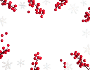  - Winter flat lay with red berries and snowflakes on blue background 