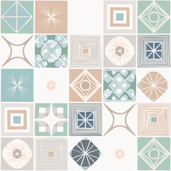 Abstract Geometric Pattern Tiles In Pastel Tones Featuring Diamond Starburst Square Shapes And Circular Motifs With A Repeating Arrangement Creating A Visually Pleasing Mosaic Effect In Soft Natural