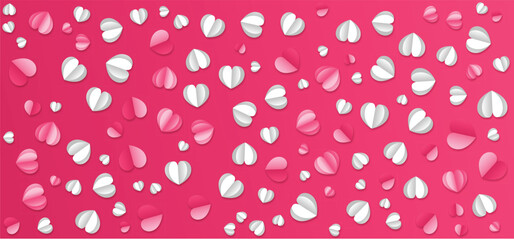 A vibrant pink background adorned with scattered white and pink heart shapes
