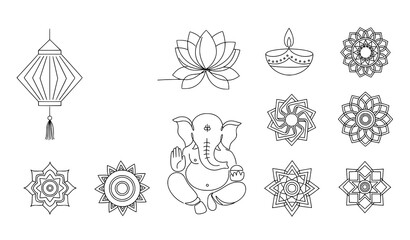 Minimal Diwali continuous line icons with lantern diya and Ganesha vector