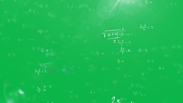Animation of mathematical formulae and flickering spots moving on white background