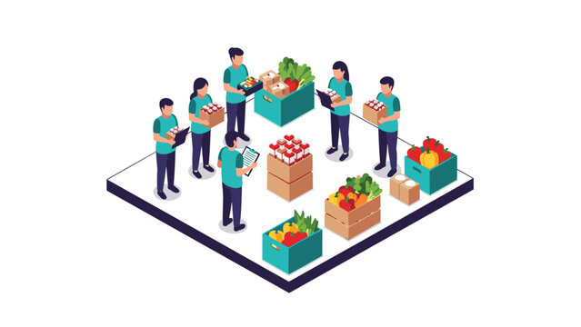 Isometric teamwork in grocery distribution warehouse with people and food boxes - Powered by Adobe
