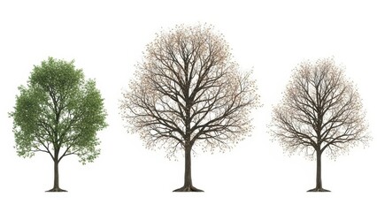 Fototapeta premium Three Trees Green, Autumn, and Winter Seasons, Isolated on White Background