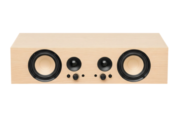 A modern wooden speaker box isolated on a white or transparent background.
