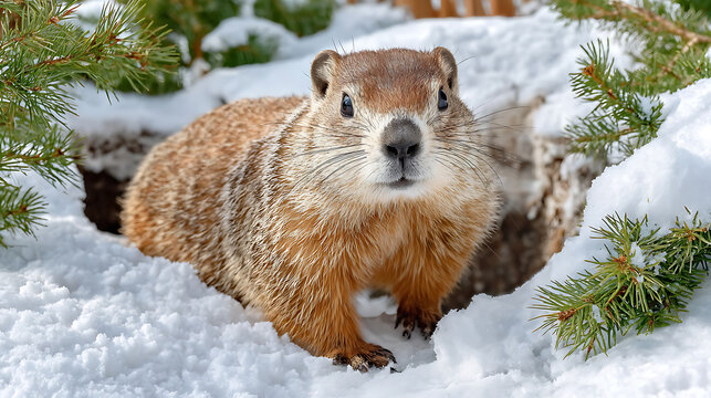 Groundhog peeking out from its snowy burrow entrance in a natural winter habitat, surrounded by evergreen pine branches, symbolizing the changing seasons