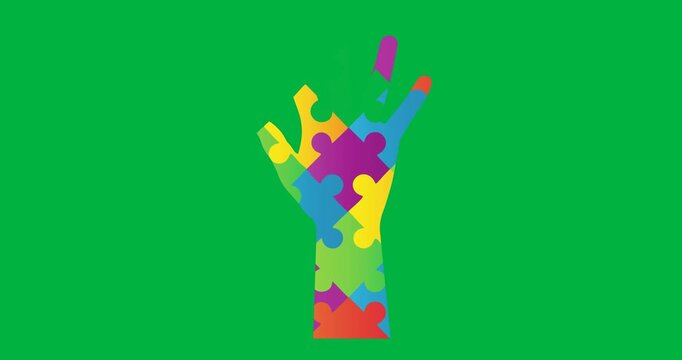 Animation of multi coloured puzzle elements forming rectangle Autism Awareness Month symbol