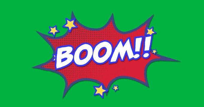 Animation of vintage comic cartoon speech bubble with Boom!! text written in white and blue letters