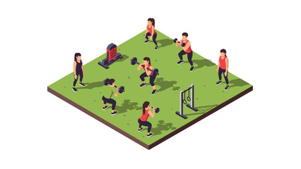 Obraz premium Gym group training outdoors in isometric style with people exercising on green field