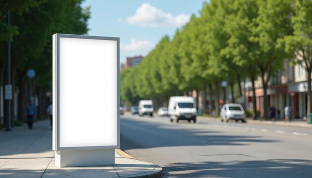 White rectangular pylon stands on a city street. Blank sign board on sidewalk for ad space. Urban traffic moves past green trees lining road. Commercial promotion billboard mockup outside.