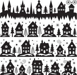 black and white illustration of houses and trees in winter village scene