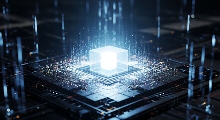 Glowing digital cube emerging from futuristic microchip technology