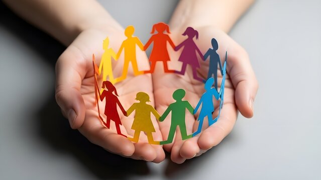 Manos de enfermera abrazando cadenas de papel de diversas figuras humanas, que simbolizan la neurodiversidad, la concienciaci&oacute;n sobre el autismo, el apoyo comunitario y un enfoque de atenci&oacute;n sanitari