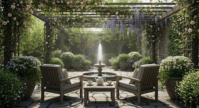Tranquil outdoor seating area features a stone patio shaded by a blooming pergola and central water feature