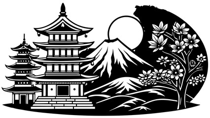 Fototapeta premium Traditional Japanese pagoda with Mount Fuji and cherry blossoms