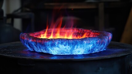 Intense blue and orange flames in a metal bowl, blacksmith's forge