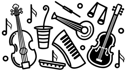 Musical instruments and notes in a creative playful arrangement