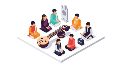 Isometric indian music ensemble meditation with traditional instruments and diverse culture