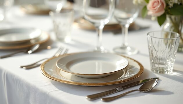 Formal table setting with white tablecloth plates silverware and crystal glasses. Floral decor accents elegant dinner party or special event preparation. Fine dining experience awaits guests. - Powered by Adobe