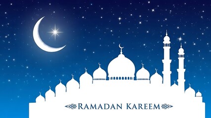 A serene ramadan kareem illustration with a crescent moon and mosque silhouette