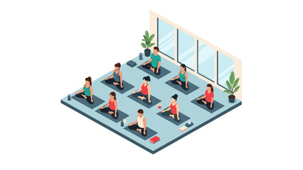 Isometric yoga class: group meditation in a modern studio setting with plants and mats
