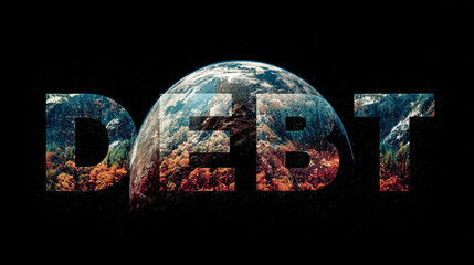 USA highlighted on a world map with the word DEBT prominently displayed, symbolizing national finance, economic pressure, and global fiscal relationships.
