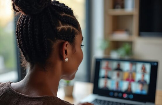Young Black woman on video call with diverse group. She wears braids and an earring, engaged in a virtual meeting on her laptop. People appear on screen, connecting remotely. Online collaboration.