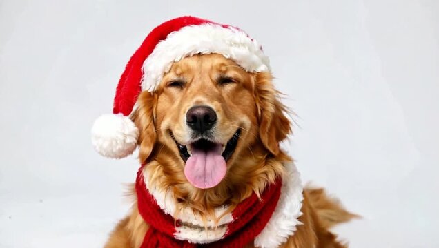 A happy golden retriever dog wearing a red and white Santa hat and matching scarf, smiling with its tongue out.
