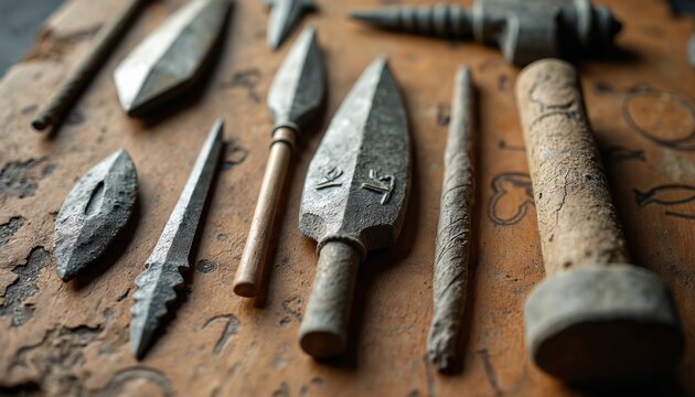 Collection of ancient stone tools, primitive weapons arranged on aged wood. Objects show signs of wear, age, detailing early human ingenuity, survival skills. Tools include spearheads, hand axes.