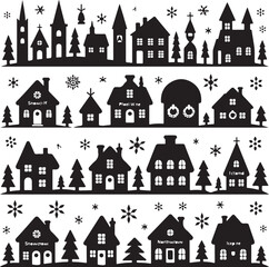 black and white illustration of a winter village with houses and trees