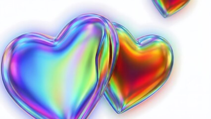 Iridescent shiny holographic hearts on white background  love and affection symbol