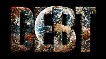 USA highlighted on a world map with the word DEBT prominently displayed, symbolizing national finance, economic pressure, and global fiscal relationships.
