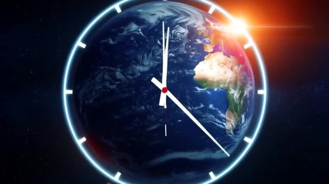 Planet Earth in space, with clock hands rotating around it. Footage about time, science, or conspiracy theories