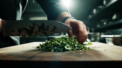 Chef Skillfully Chopping Fresh Herbs For Gourmet Meal Preparation, Culinary Artistry in Kitchen