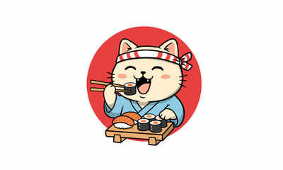 ​Cute Kawaii Cat Chef Eating Sushi with Chopsticks Illustration. © khadafih