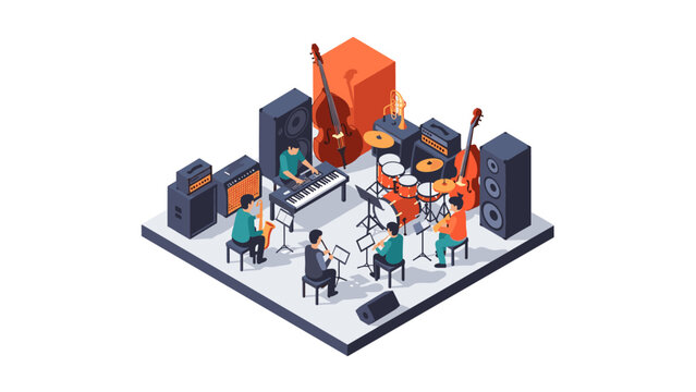 Isometric music band rehearsal with instruments and speakers in a studio