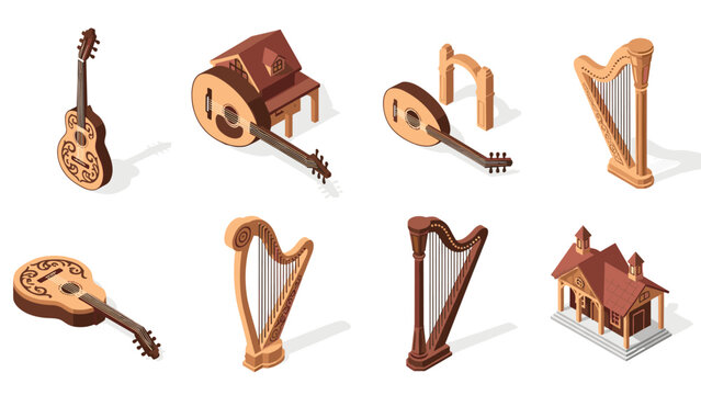 Isometric musical instruments and buildings collection: guitar, harp, traditional architecture