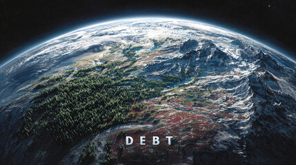 USA highlighted on a world map with the word DEBT prominently displayed, symbolizing national finance, economic pressure, and global fiscal relationships.
