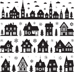 blackandwhite illustration of houses and buildings with trees and snowflakes