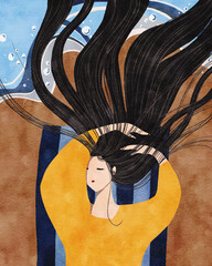 Watercolor illustration of  woman lying on the beach with long flowing hair, eyes closed in relaxation. Ideal for summer, vacation, self-care, peaceful lifestyle, and ocean-inspired creative content.