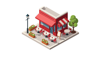 Charming outdoor cafe isometric design with red awning and cozy seating area