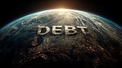 USA highlighted on a world map with the word DEBT prominently displayed, symbolizing national finance, economic pressure, and global fiscal relationships.
