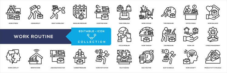 Work Stress and Productivity Challenges in Modern Workplace Routines and Mental Health Line Icon Collection