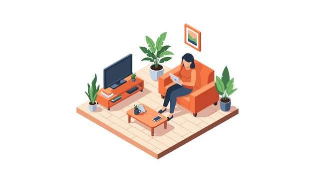 Cozy living room scene with woman relaxing and reading on tablet in isometric style