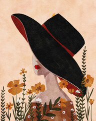 Watercolor illustration of  stylish woman in a wide black hat and floral dress, surrounded by yellow wildflowers. Ideal for fashion, elegance, nature, feminine beauty, and vintage aesthetic themes.