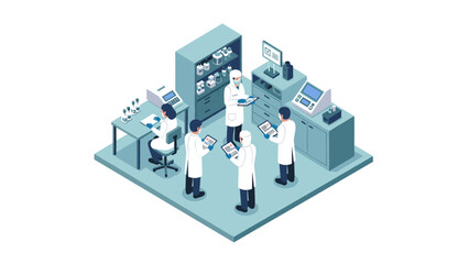 Scientists collaborating in isometric laboratory setting with advanced technology