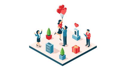 Romantic celebration in isometric style with heart balloons and gifts