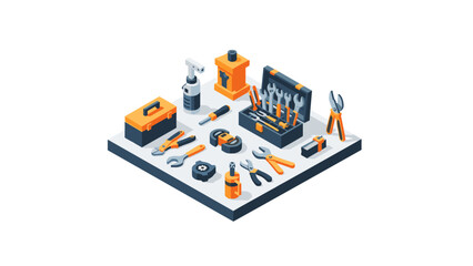 Modern isometric toolbox with tools on platform for home repair and maintenance