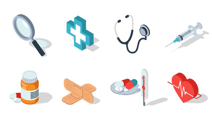 Isometric medical icons set: stethoscope, syringe, magnifying glass, pills, heartbeat
