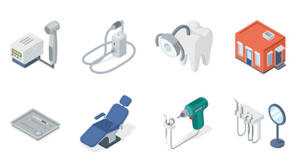 Comprehensive isometric dental equipment icons for modern clinics