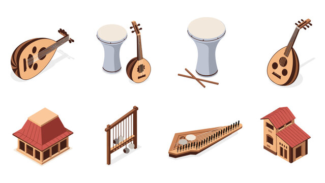 Isometric middle eastern musical instruments and architecture collection